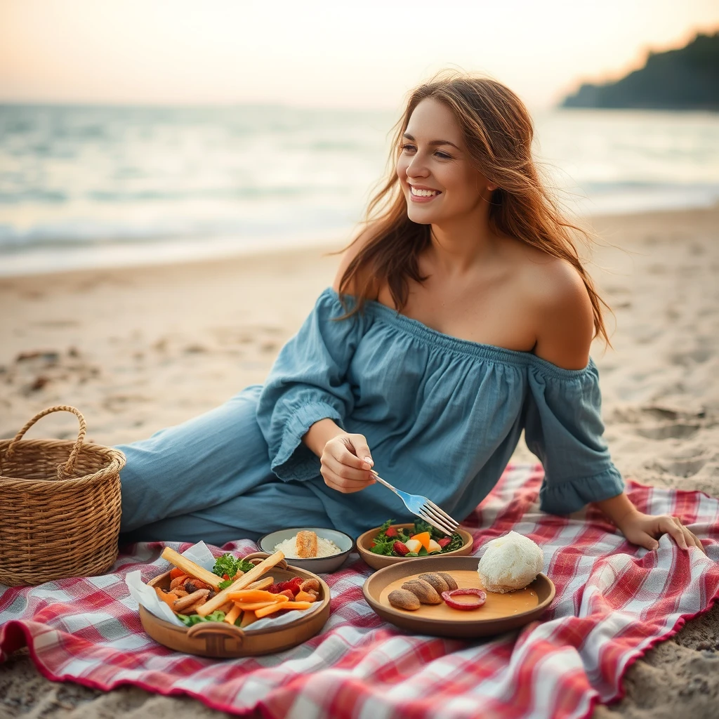 Woman on quiet beach, picnic blanket, local specialties, taste buds and soul wandering, beach picnic, photorealistic style