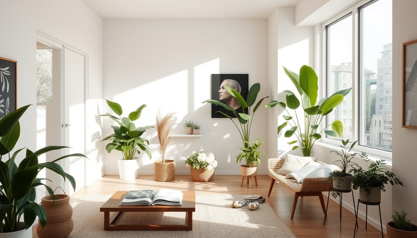 A serene interior space with natural light streaming in, featuring minimalistic decor, indoor plants, and a cozy reading nook.