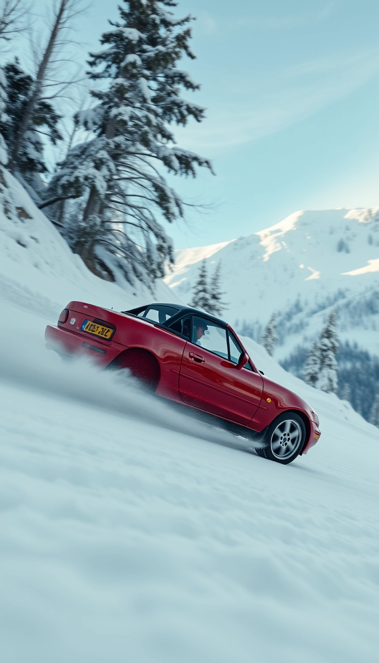 Create an image of a red 1991 Mazda MX-5 drifting on a snowy mountain.