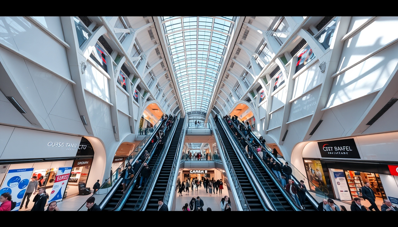 A futuristic shopping mall with glass ceilings and escalators, filled with shoppers.