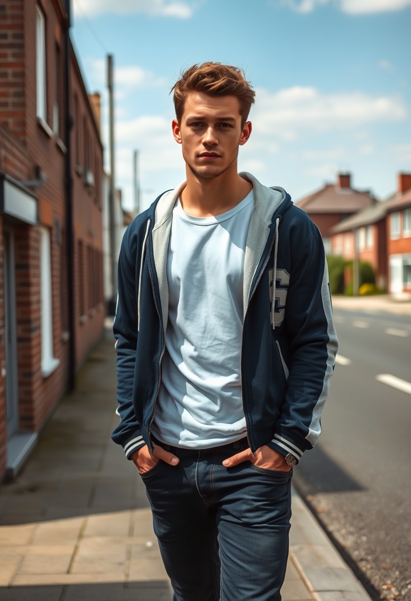 Jamie Dornan head and body shot, handsome, young, serious face, dark brown hair, white T-shirt, college jacket, skinny jeans, sneakers, standing in a hot style, flirting style, near town road, leaning against a wall, hyper-realistic, street photography, brick wall, full body photo.