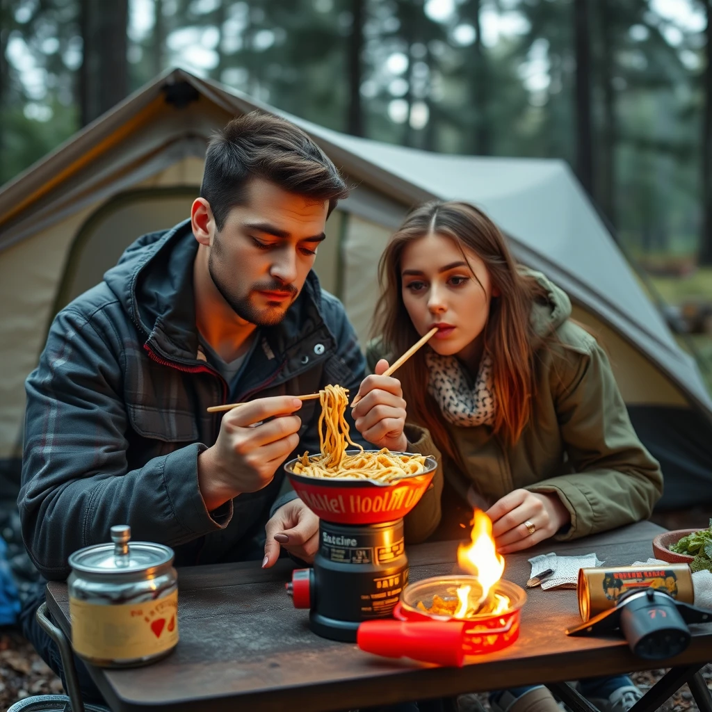 Caucasian couple camping, cooking instant noodles, portable butane stove, folding table, tent background, eating with chopsticks, blowing on noodles to cool, steam rising, outdoor scene, campsite, realistic style, photorealistic, high detail, natural lighting, candid moment, intimate atmosphere, comfort food, cultural fusion, camping gear visible, forest or nature setting.