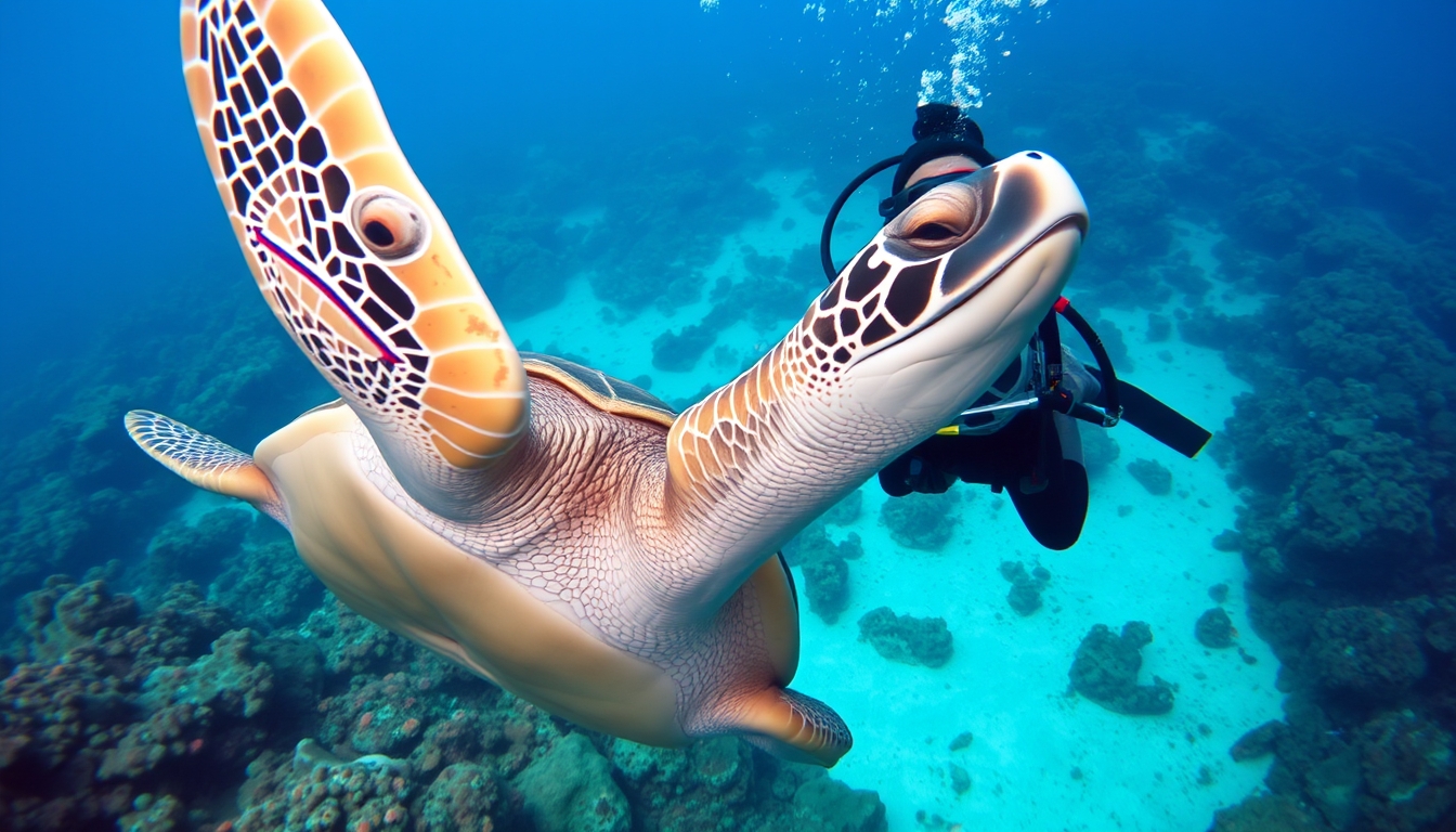 A powerful underwater shot of a diver swimming alongside a majestic sea turtle, with vibrant coral reefs in the background. - Image