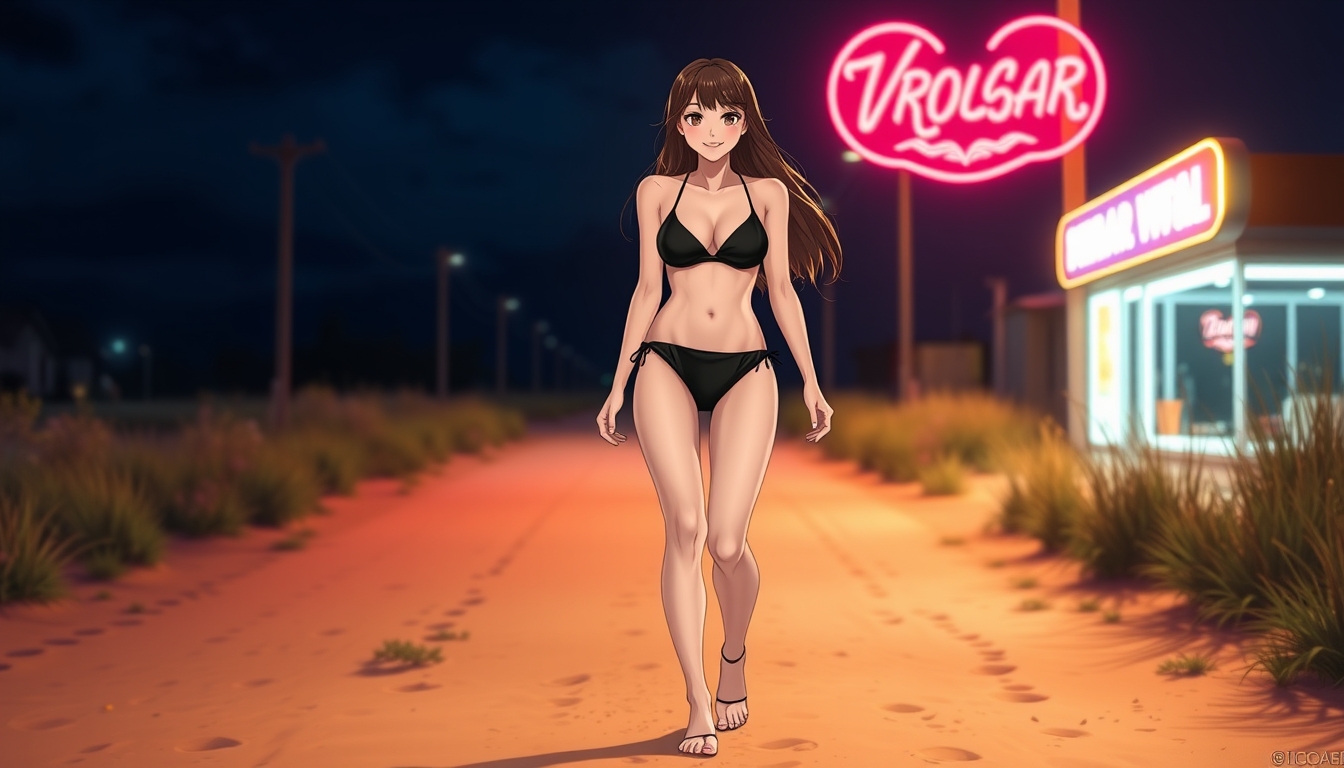 A beautiful Caucasian brunette girl with long hair wearing a black bikini is walking on a sandy country road, barefoot, smiling, with a model body type, at night, under neon lights. She has her bellybutton pierced and no tattoos, depicted in an anime style. - Image