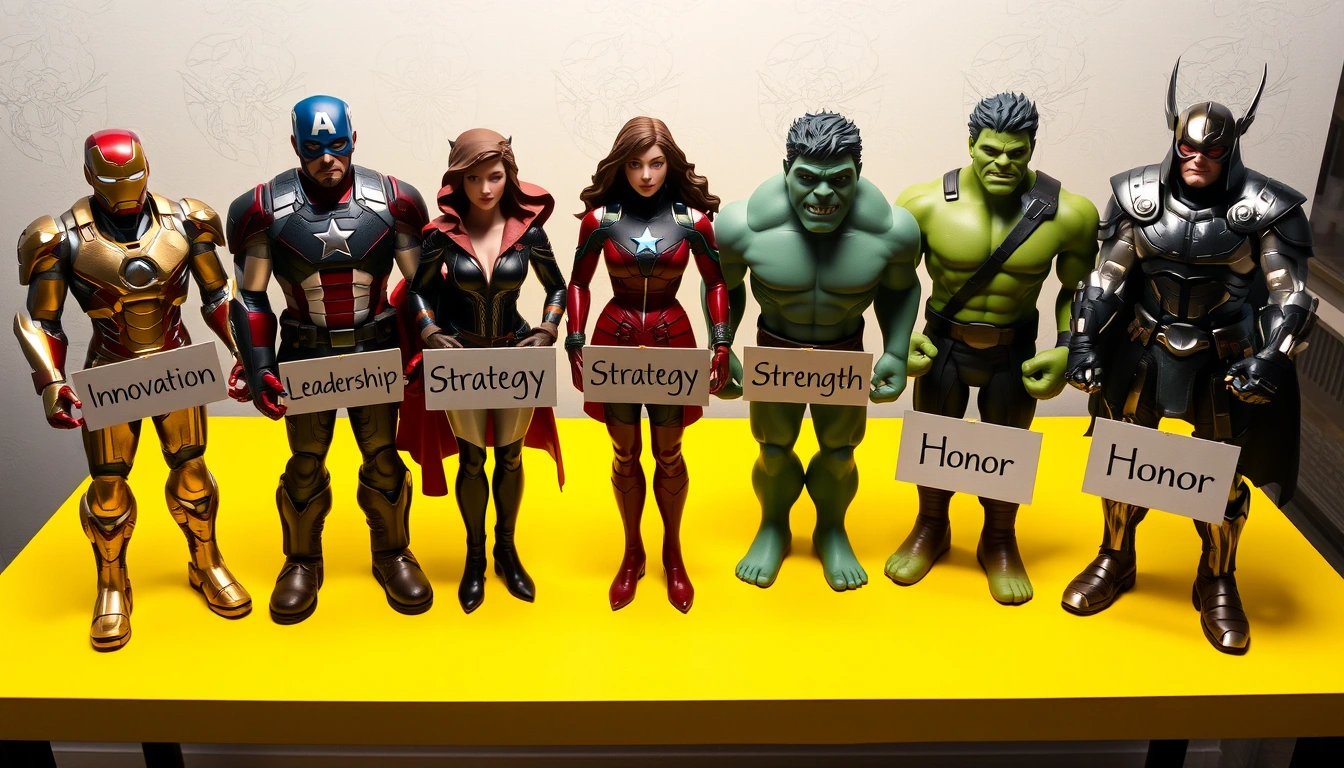 Five familiar characters standing on a yellow table, each holding a sign. On the left, Iron Man in his armor holds a sign that says 'Innovation'; next to him, Captain America in his uniform holds a sign that says 'Leadership'; in the middle, Black Widow holds a sign that says 'Strategy'; next to Black Widow, Hulk in his green form holds a sign that says 'Strength'; and on the right, Thor with his hammer holds a sign that says 'Honor'.