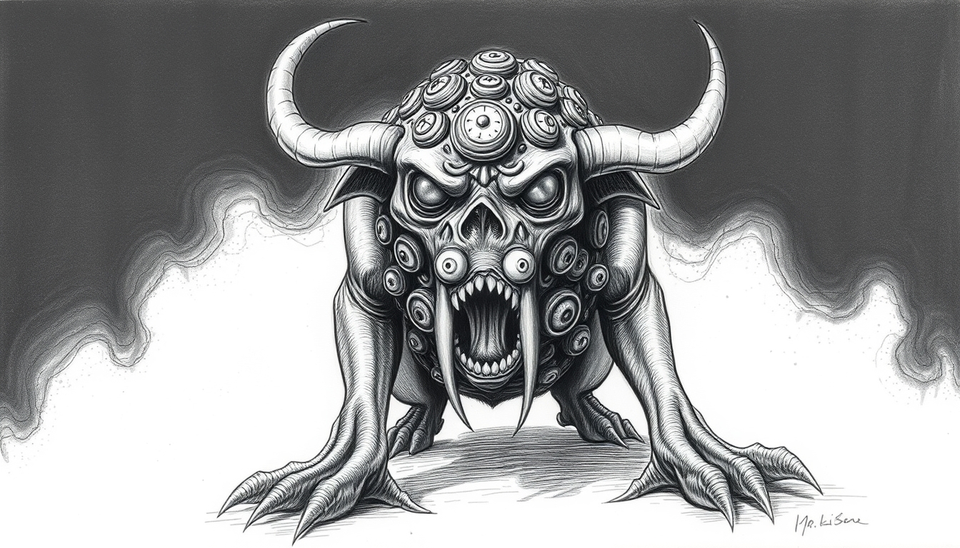 Horror Monster created by H.P Lovecraft Drawing, BullDog with his head and body covered in many eyes, full body, raw drawing.