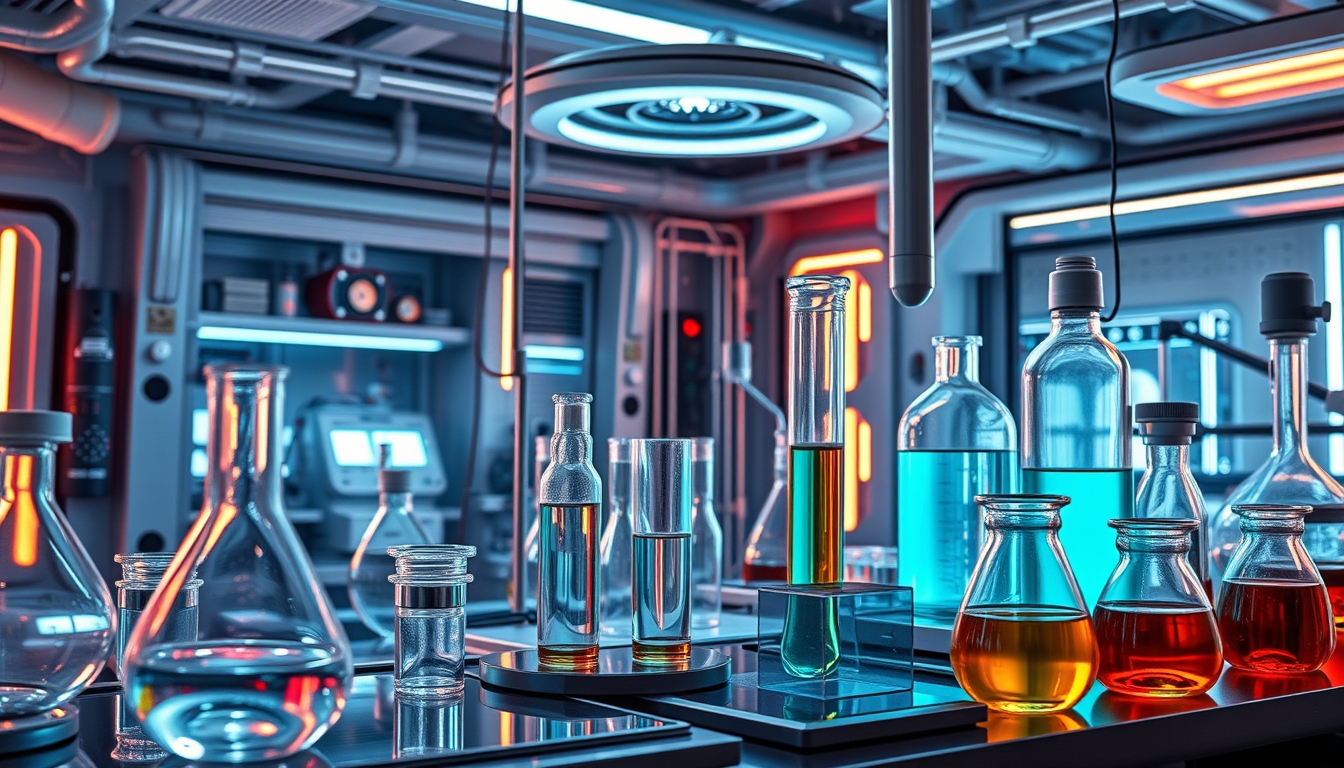 A futuristic laboratory with glass test tubes and advanced scientific equipment. - Image