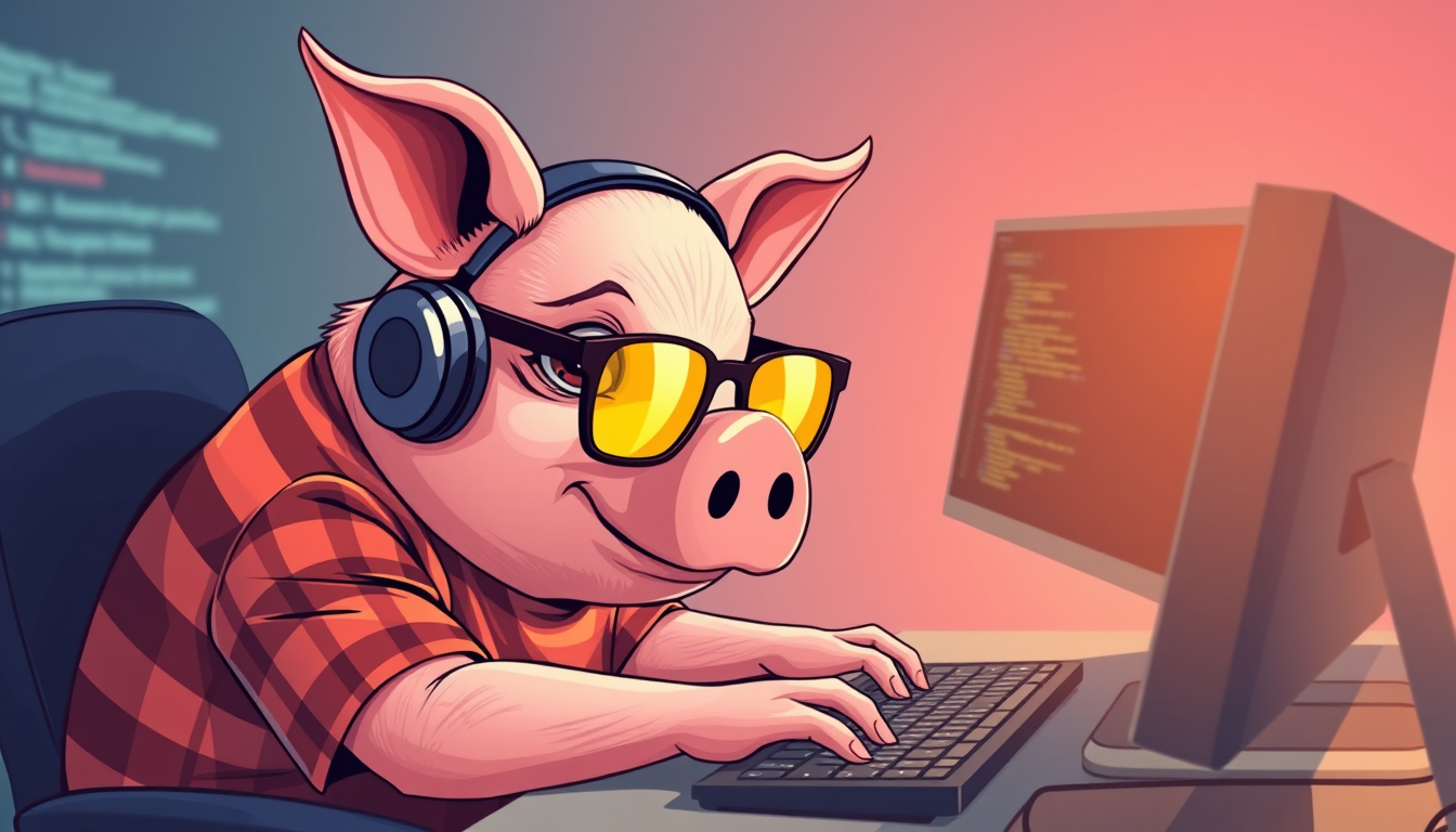 A tech-savvy pig coder, wearing yellow-tinted glasses and sleek noise-cancelling headphones, leans over a cutting-edge multi-monitor setup. The anthropomorphic pig exudes focus, typing furiously while dressed in a plaid t-shirt.