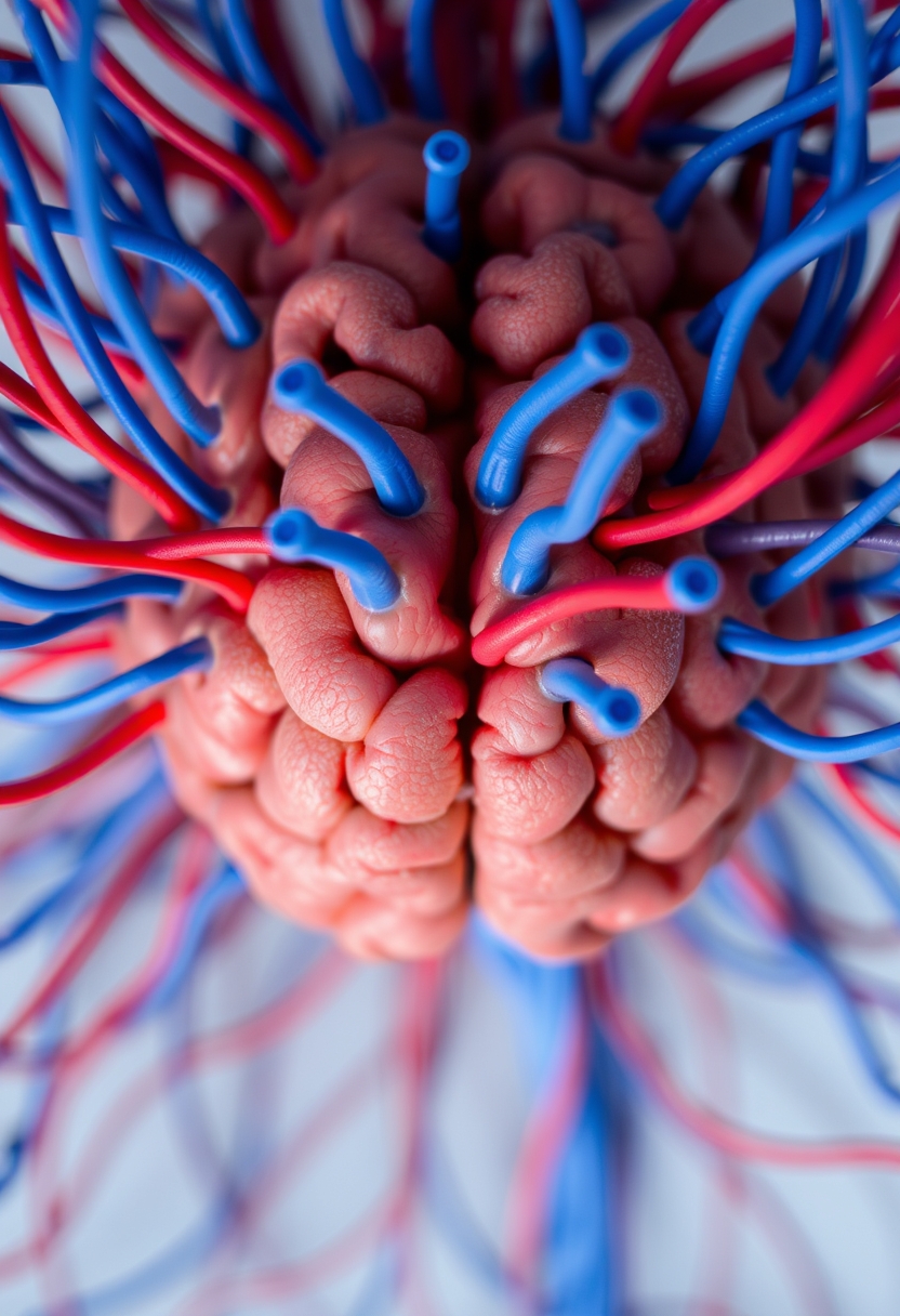 A close-up of a brain with many blue and red wires. - Image