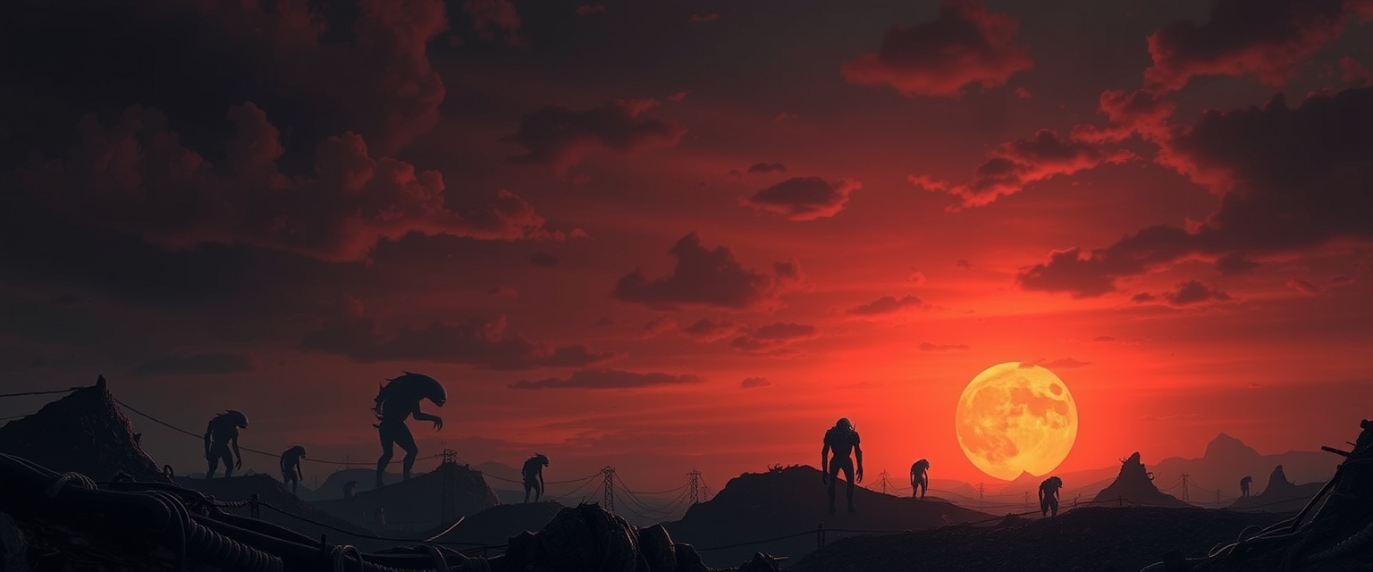 alien sky, horror atmosphere, alien planet landscape, scary creatures silhouettes in darkness, everything covered in pipes and wires around, very detailed landscape - Image