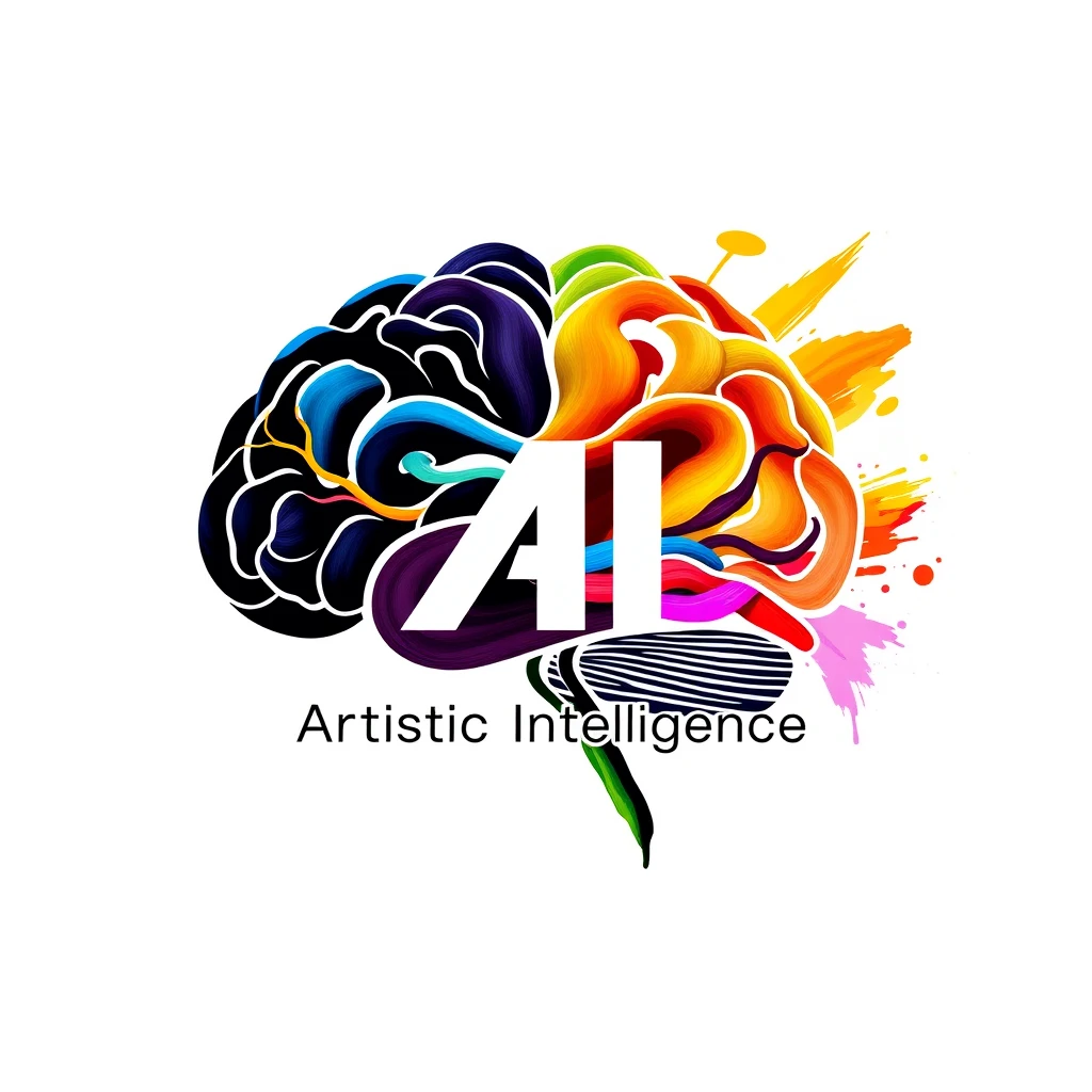 Logo of artistic intelligence: sleek, abstract brain intertwined with paintbrush strokes, featuring the letter AI and the text Artistic Intelligence. Vibrant neural pathways pulse with rainbow hues. Minimalist yet intricate design on stark white background. Futuristic Art Nouveau style. Conveys creativity, innovation, and technological synergy. Evokes awe and curiosity.