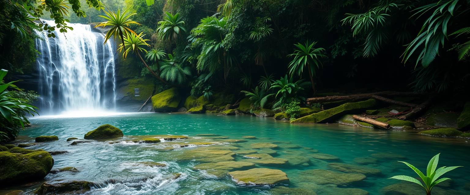 rfall, cascading, clear water, lush greenery, high quality, photorealistic, hidden oasis, serene, rainforest, breathtaking, secluded moss-covered rocks, tropical plants, natural pools, jungle trails, mist,