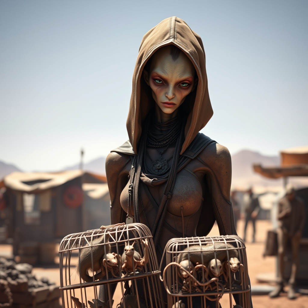 Very slim and tall female alien creature merchant in a desert market on an alien planet, with a suspicious look, hooded, hyperrealistic, selling caged alien vermin, western shot. - Image