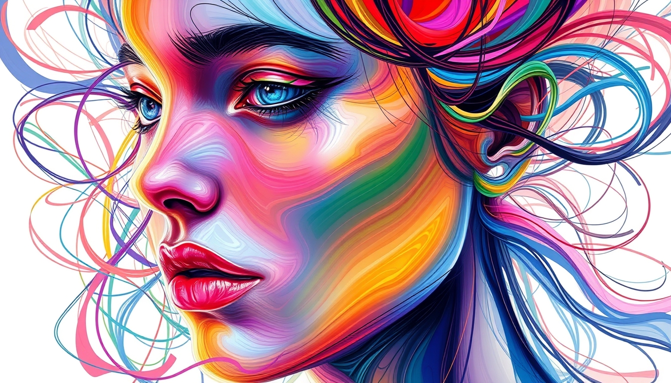 A digital painting of a human face composed of colorful, swirling lines and shapes, blending realism with abstract elements.