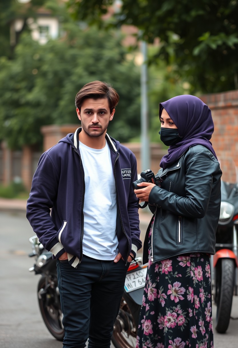 Jamie Dornan and Freddie Prinze head and body shot, handsome, young, serious face, dark brown hair, white t-shirt, college jacket, skinny jeans, sneakers, standing, discussing with each other, a short purple hijab Muslim girl, beautiful eyes, black face mask, black leather jacket, biggest floral skirt, holding a DSLR Canon camera, near a town road, superbike, hyper-realistic, street photography, brick wall, full body photo. - Image