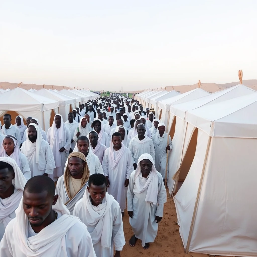 Photo-realistic image of multitudes of black people dressed in white in separate tents in the desert at the Exodus.