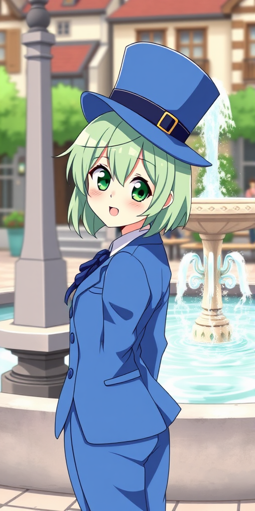 A scene in Japanese manga style featuring an energetic middle school girl in a blue suit and a blue top hat. She has very light green hair and green eyes, standing by a town fountain, looking at the camera with her hands behind her back, happily smiling. - Image