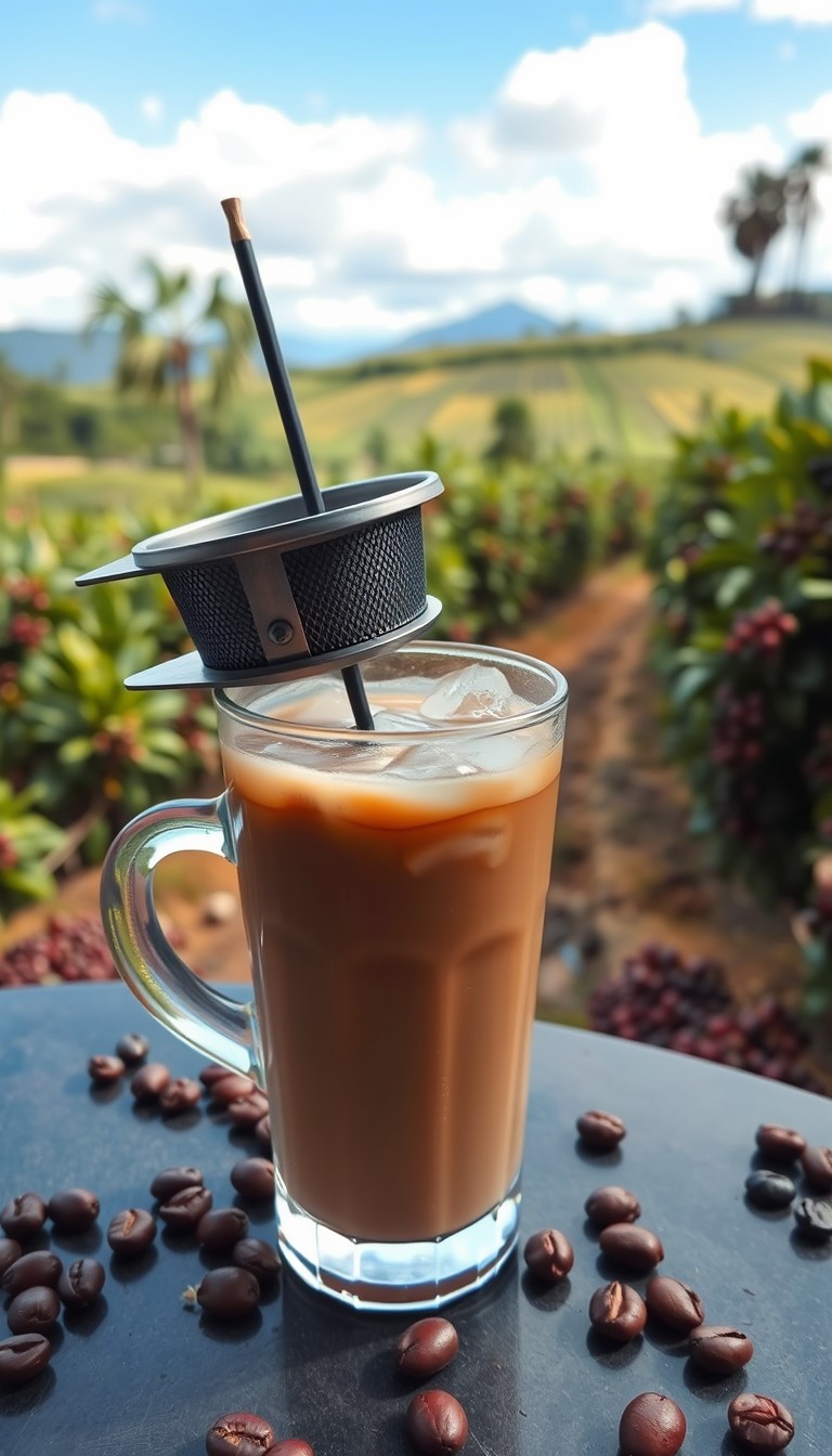 Sharp, wide-view image of iced Vietnamese coffee with a drip filter, coffee beans, and a scenic coffee plantation background, no text. - Image