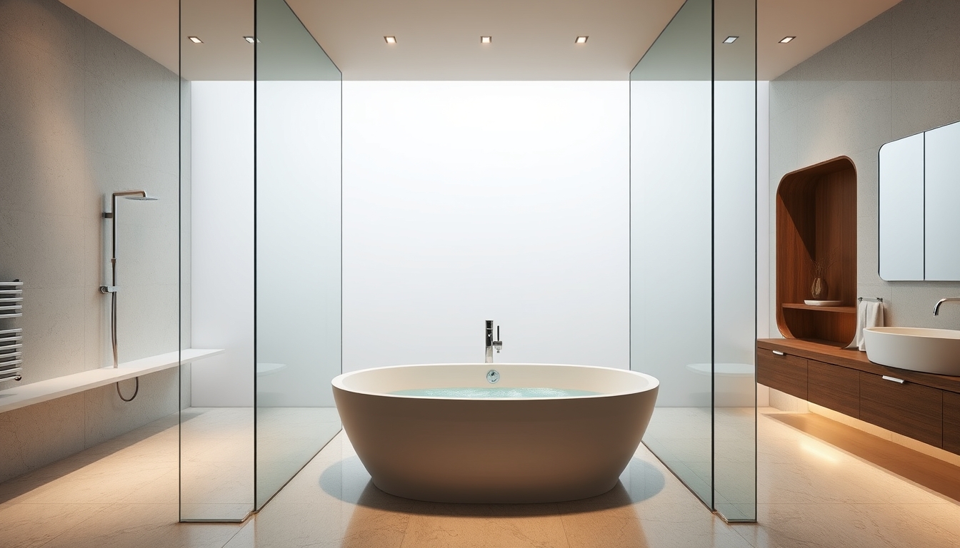 A sleek modern bathroom with glass walls and a luxurious soaking tub. - Image