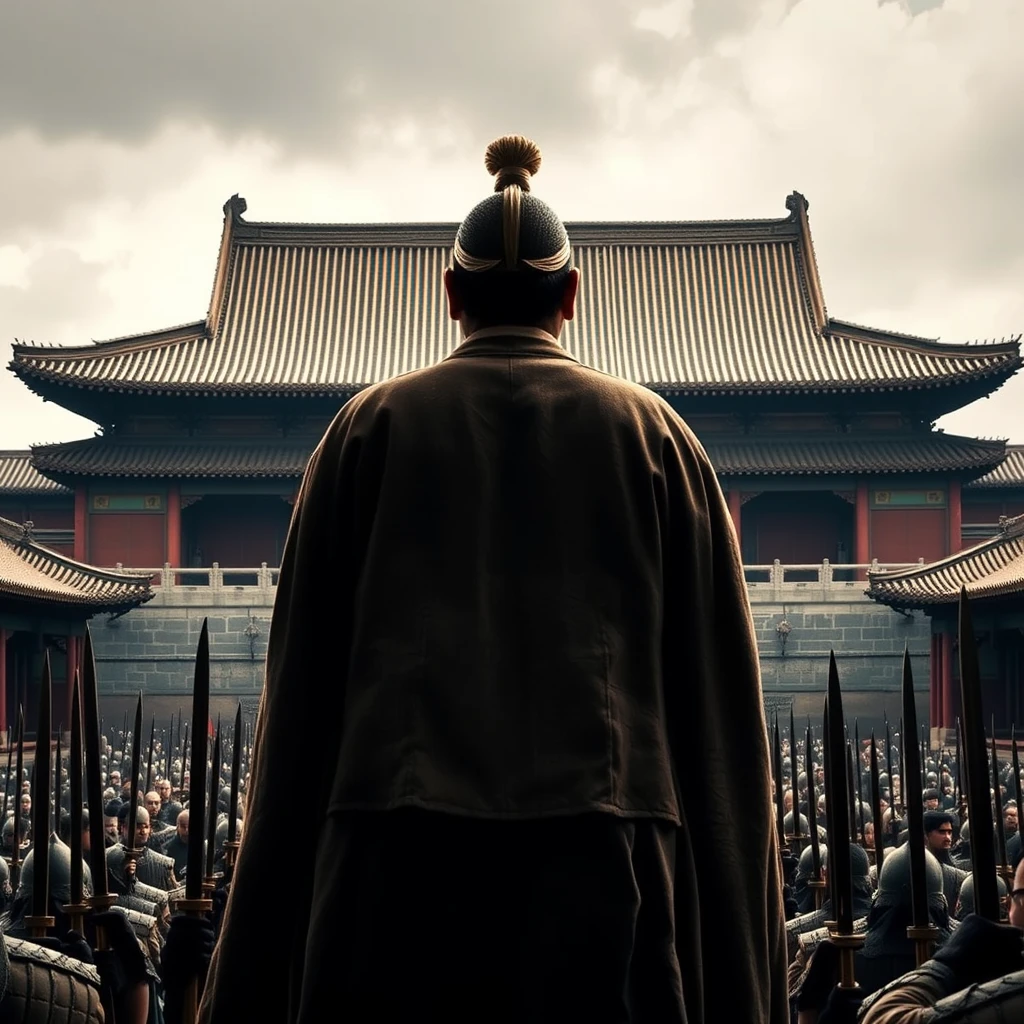 "Qin Shi Huang is facing away from the camera, with the background of an ancient palace. Below, there is a large crowd of people facing the camera, lined up and holding weapons."