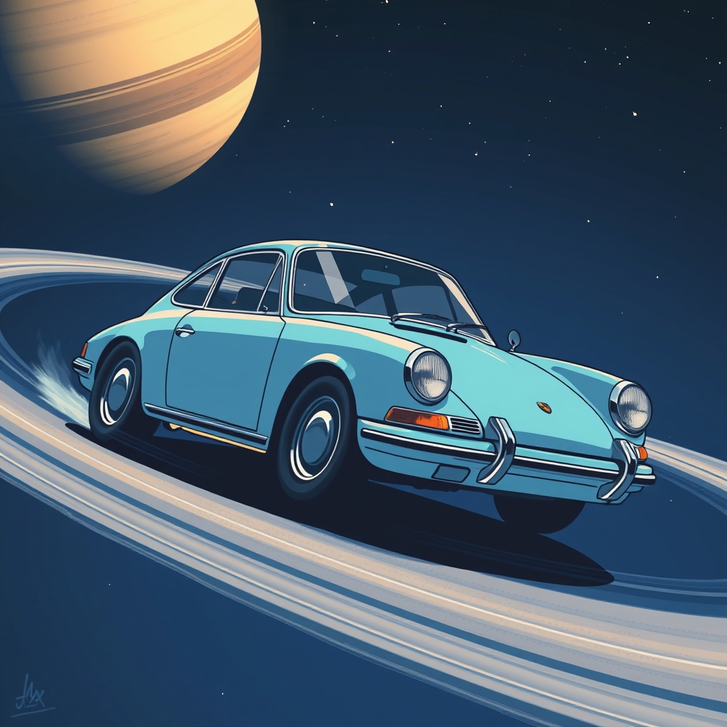 Scene in the style of vintage anime depicting an old light blue Porsche 911 drifting across Saturn's rings with stars in the background. - Image