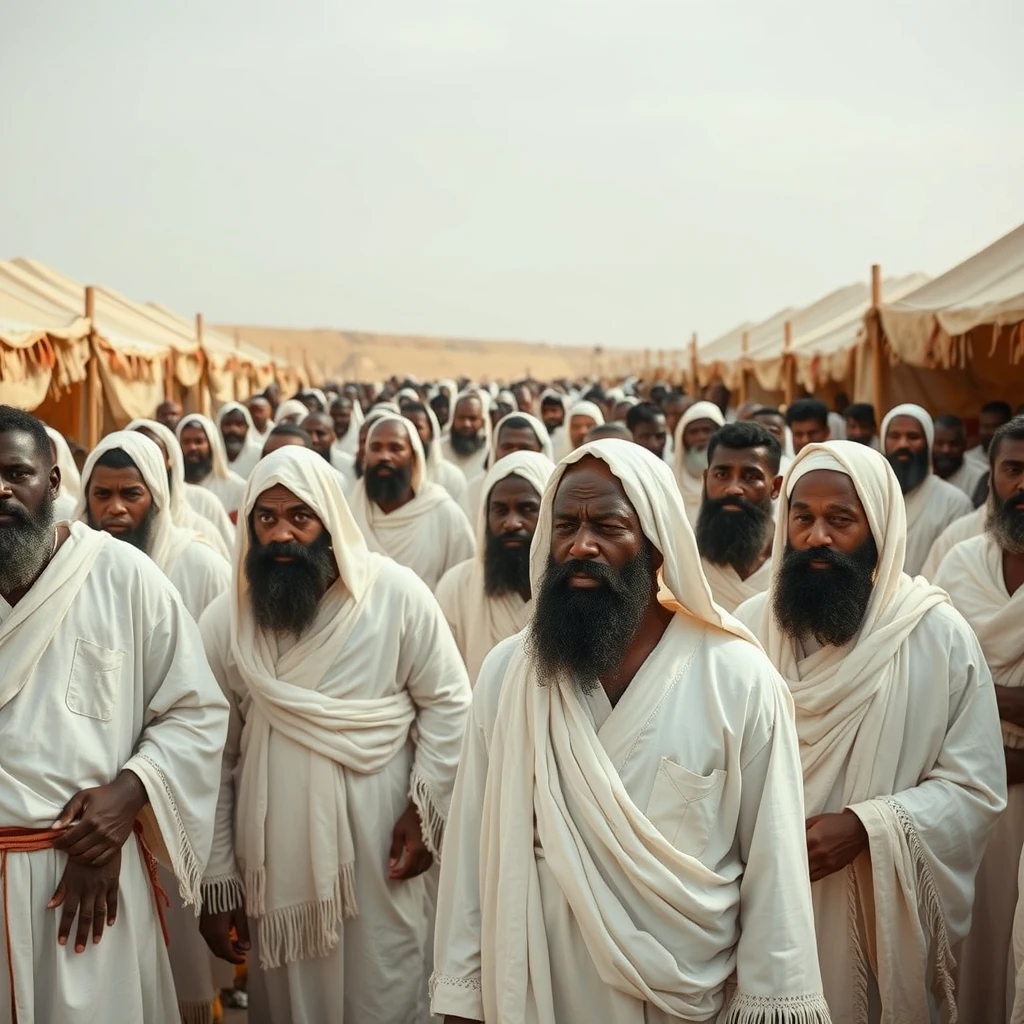 Photo-realistic image of multitudes of bearded black people. They are all dressed in white robes with fringes on the hems. They live in temporary tent shelters in the desert at the Exodus.