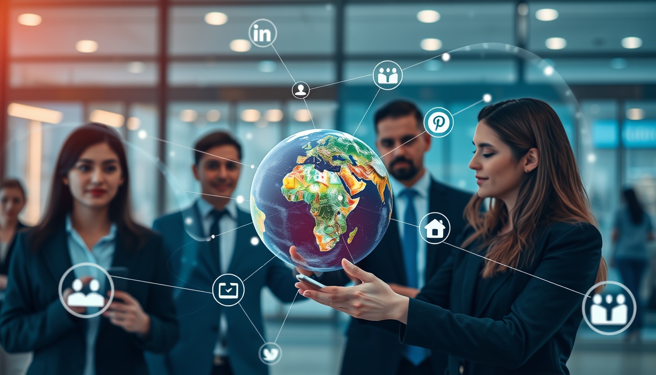 Business professionals connecting globally with a modern digital interface - innovative network and earth connection visuals with social media links.