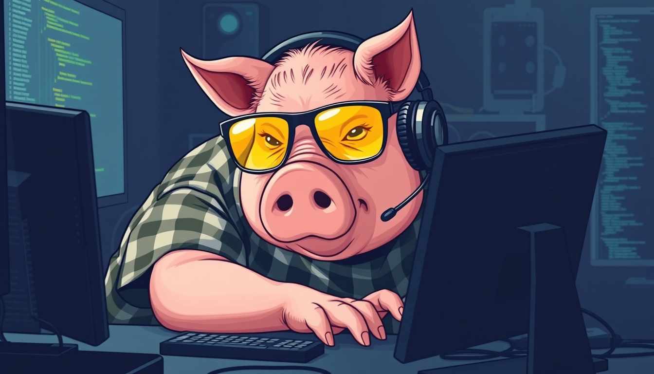 A tech-savvy pig coder, wearing yellow-tinted glasses and sleek noise-cancelling headphones, hunches over a cutting-edge multi-monitor setup. The anthropomorphic pig exudes focus, typing furiously while clad in a plaid t-shirt.