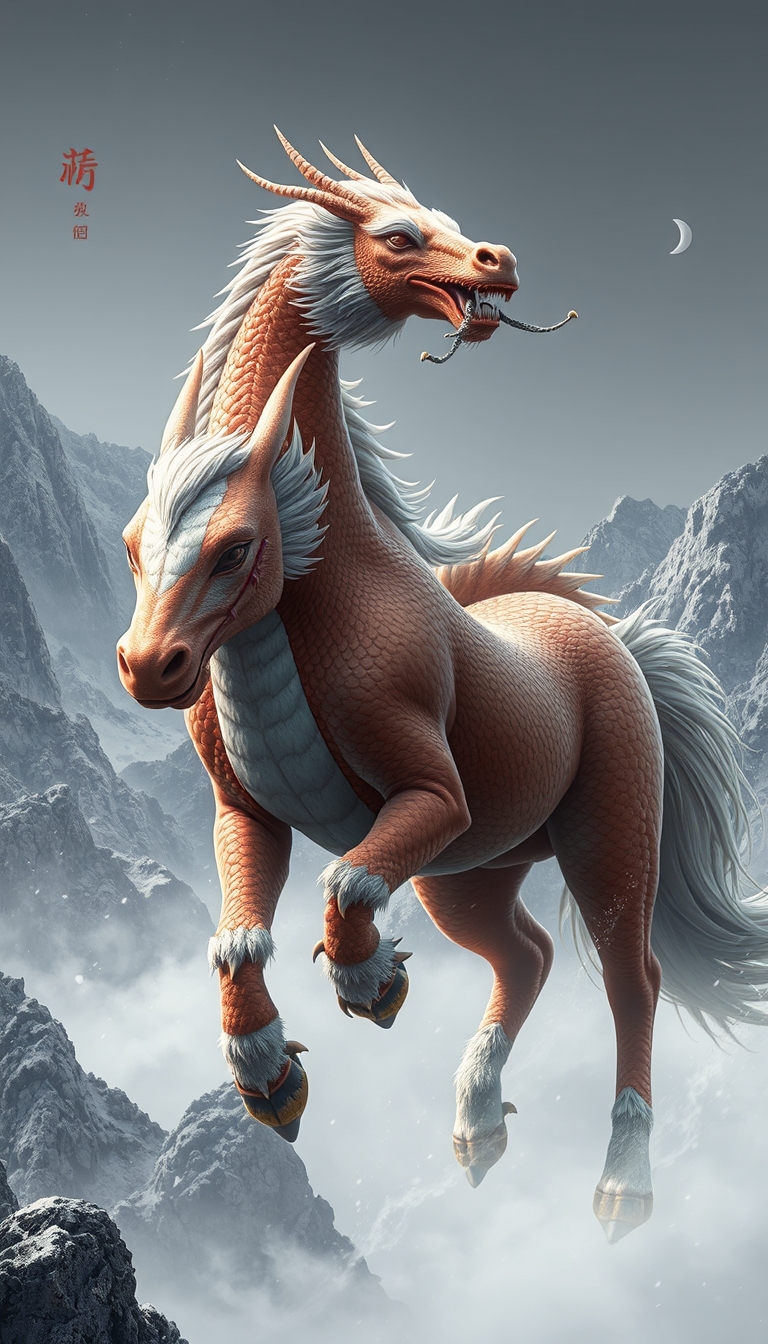 (ultra realistic) an oriental dragon combined with a hairy horse body, in a background of Chinese mountains. - Image