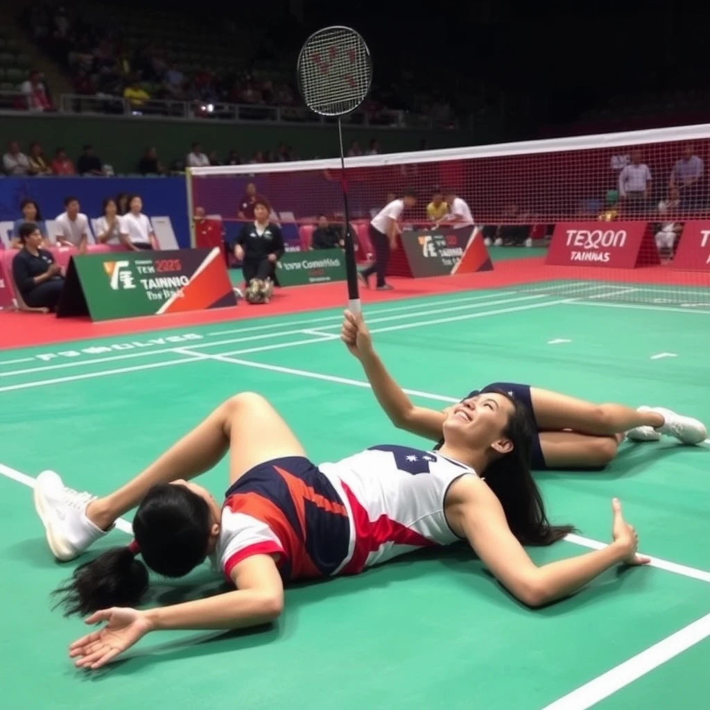 "When Taiwan's Olympic badminton doubles team won, one was sprawled on the court while the other joyfully lay on the court." - Image