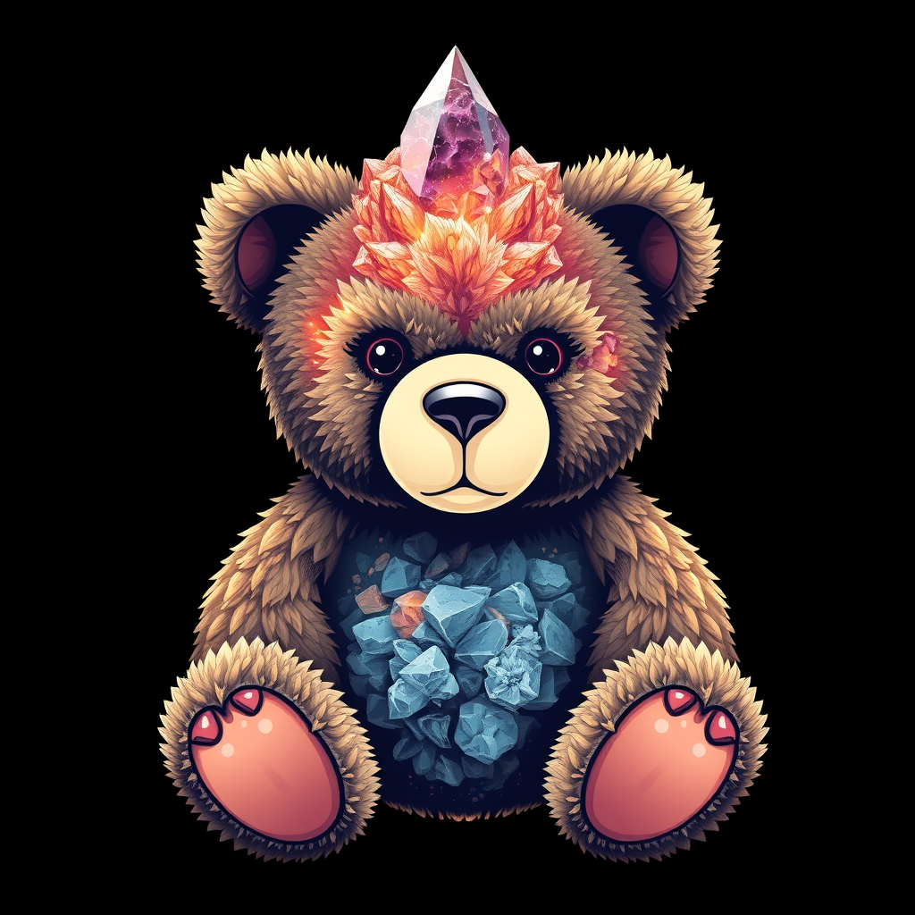 A tee shirt design of a teddy bear whose entire body and head are perfectly blended with a beautiful mineral.