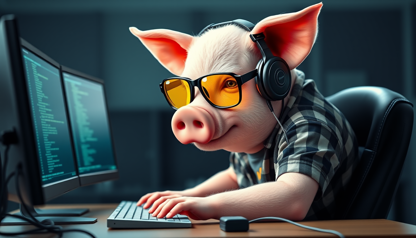 A tech-savvy pig coder, wearing yellow-tinted glasses and sleek noise-cancelling headphones, leans over a cutting-edge multi-monitor setup. The anthropomorphic pig radiates concentration, typing furiously. Dressed in a plaid t-shirt. - Image