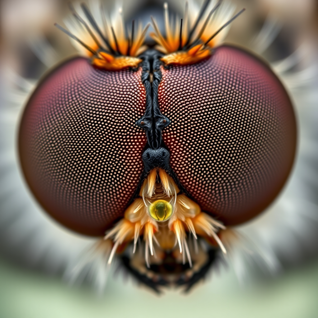 Ultra-realistic macro photography of a fly’s compound eyes, showing intricate details and textures, including the tiny facets and fine hairs around the eyes, even diffused lighting to avoid harsh reflections and to highlight the complex structure, ultra-high definition with sharp details, natural color palette with slight contrast to emphasize the patterns and depth, Canon EOS R5, 100mm macro lens, extreme close-up with shallow depth of field, the background softly blurred to keep full focus on the eyes. - Image