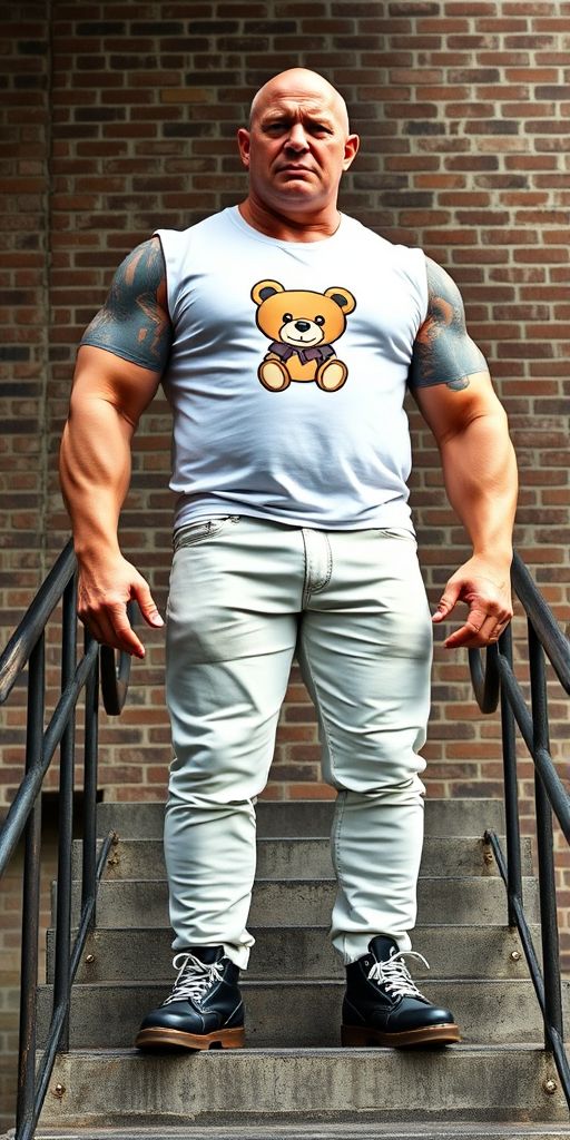 A towering, muscular 60-year-old skinhead bodybuilder stands confidently on concrete stairs, his gleaming bald head contrasting with his light skin. Clad in a striking white t-shirt with a logo of a stuffed teddy bear, tattooed arms flex beneath the sleeveless fabric. Tight bleached denim trousers highlight his powerful legs, complemented by knee-high Dr. Martens boots with white laces. The rugged brick wall and metal handrails create an industrial backdrop, enhancing the imposing presence of this behemoth.