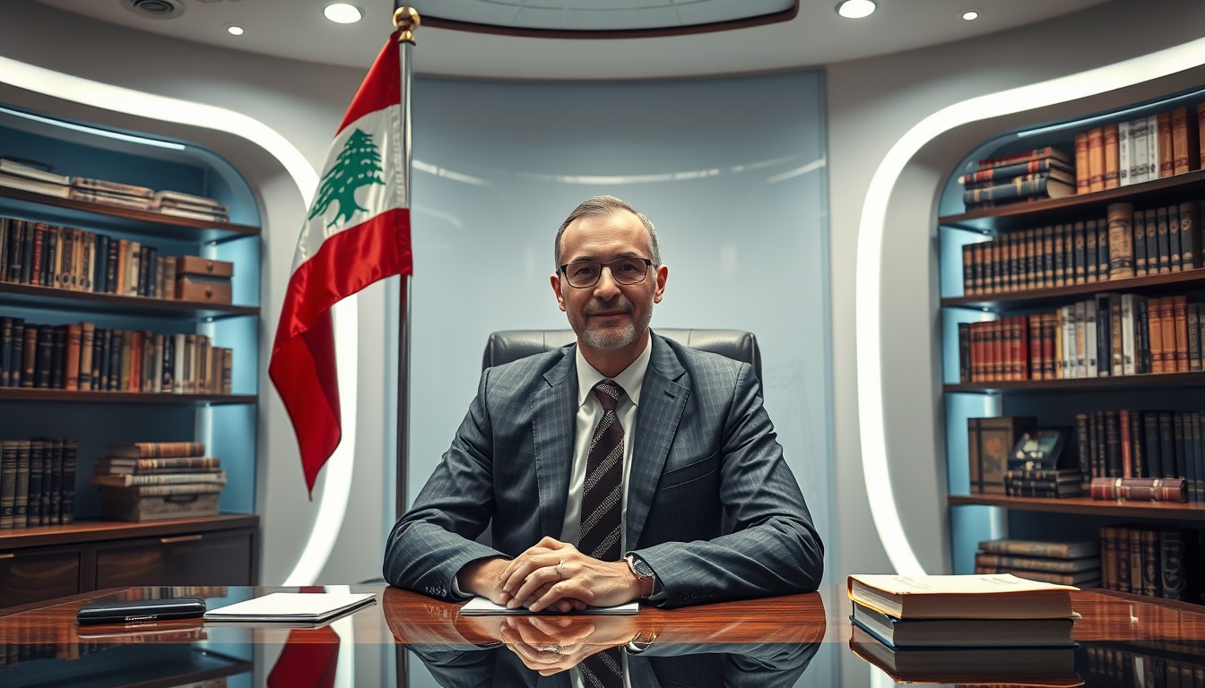 A lawyer sitting at his desk in a futuristic law firm, with the Lebanese flag on a pole behind him, and books covering the wall behind him on an old vintage bookshelf. - Image