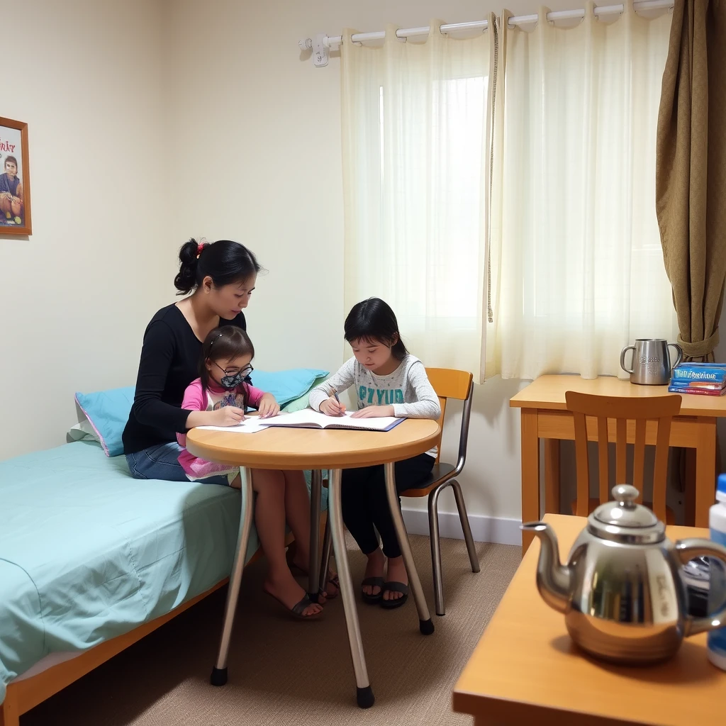 In the room, there is a bed, a table and chairs, a female tutor helping a little girl with her homework, a thermos, and a teapot.