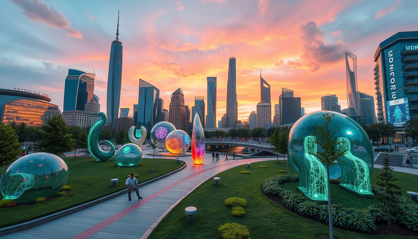 A futuristic city park with glass sculptures and interactive installations. - Image