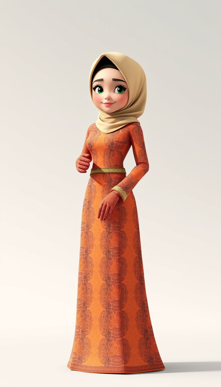 Create a 3D, 8K animated cartoon of a Muslim woman from Palembang wearing a long traditional songket dress. She should have her hands covered with batik gloves. The image should capture the elegance and cultural richness of the attire. - Image