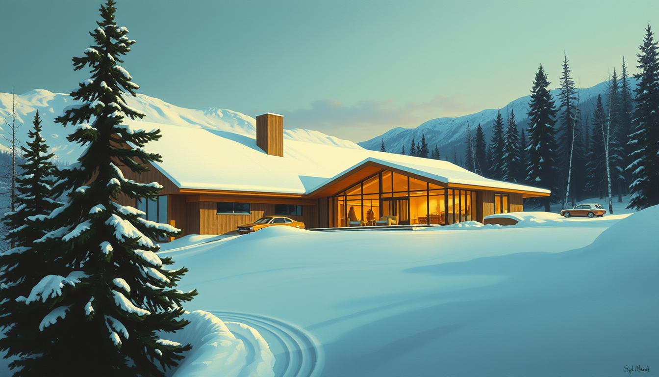 a mid-century-modern ski lodge, from 1960, a painting by Syd Mead, 4k. - Image