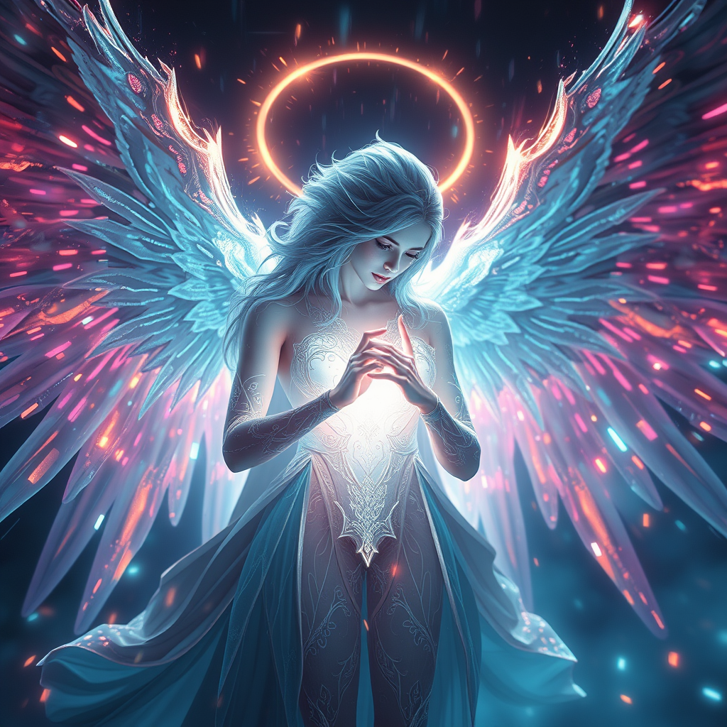 Angel, glitch effect, glowing, dynamic lighting, hyper-detailed, photorealistic, 8k resolution, suehiro manuo, fantasy, detailed background, dynamic composition, masterpiece, dynamic lighting, ultra detailed macro. - Image