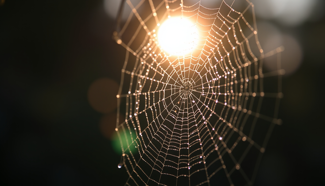 Close-up of a dew-covered spider web glistening in the morning sun, with bokeh background. - Image