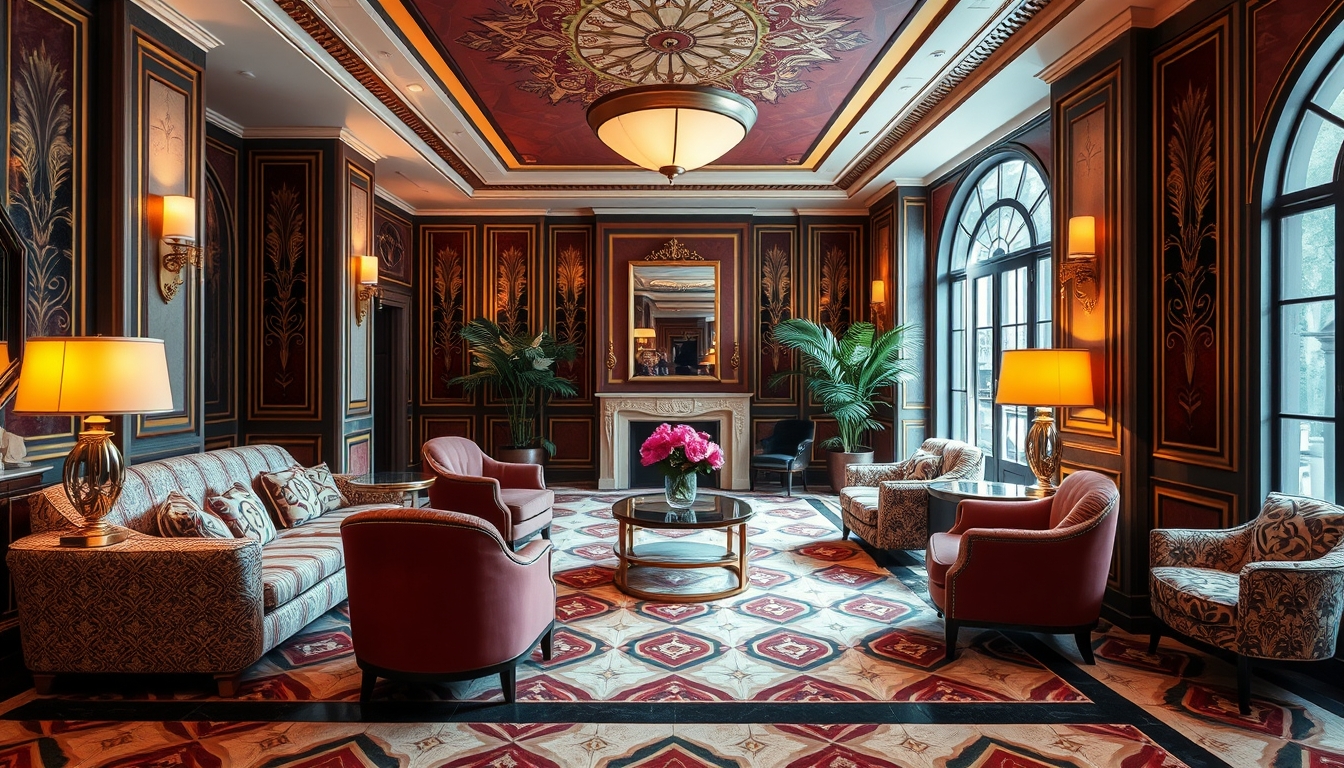 An interior scene of a luxurious room with Art Deco furniture, rich color palettes, and intricate geometric patterns.