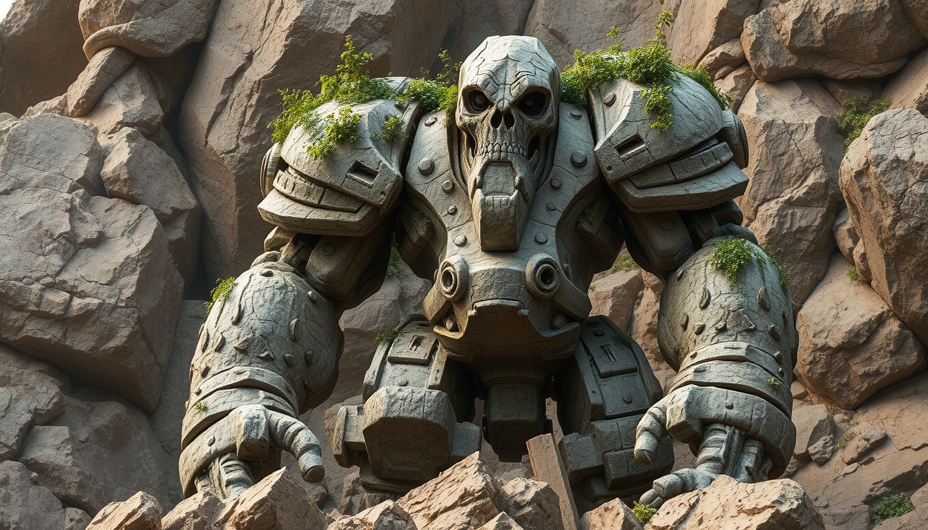 AUTOMATON, giant rock golem with plants growing on shoulders, rough rocks, rough stone, unpolished, dirty, ancient, STANDING - Image