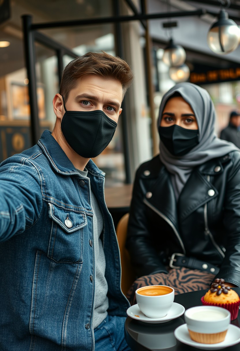 Jamie Dornan's head and body shot, handsome, black face mask, blue jeans jacket, jeans, dating a Muslim girl in a grey hijab, beautiful eyes, black face mask, black leather jacket, the biggest tiger pattern skirt, at a cafe, 2 cups of latte, muffin cake on a table, photorealistic, hyper-realistic, street photography, selfie.