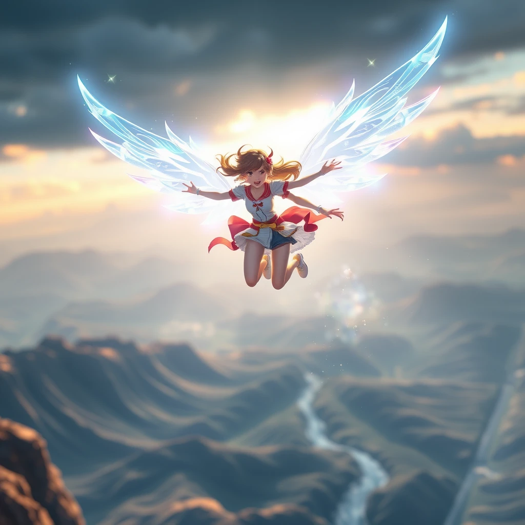 The heroic girl leaped lightly into the air, with a pair of wings made of energy spread out behind her, sparkling with blue light. She soared freely in this magical world, exploring unknown territories. Picas style, 3D rendering, ultra-high definition picture quality, 38k, - niji 6- v 6. - Image