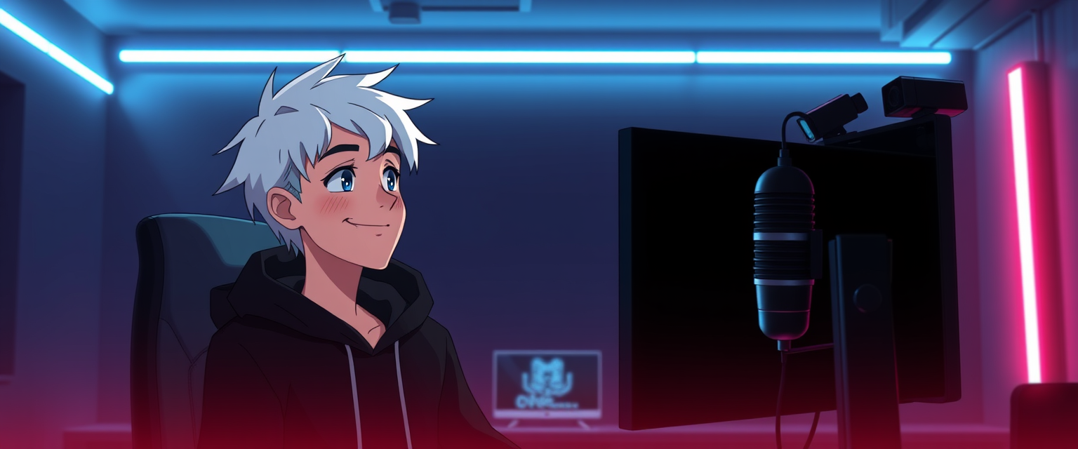 "Animated cyberpunk-style image of a boy with white hair, smiling in a black hoodie, in a gaming setup with spotlights in front, looking at two monitors with black screens in a dark room with low white neon lights, with one podcast-type microphone and one camera on top of a monitor to his right."