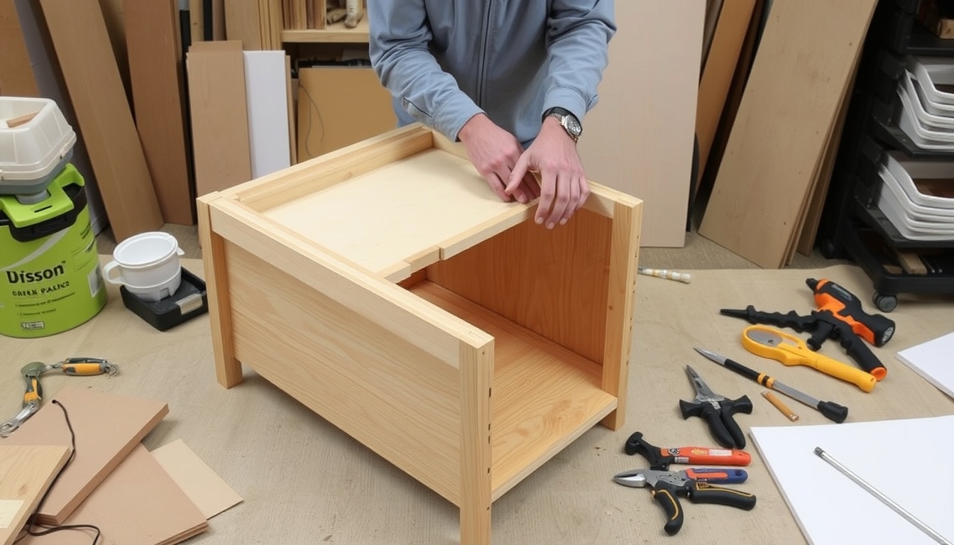 A step-by-step shot of a person assembling a piece of furniture, with tools and materials neatly arranged around the workspace.