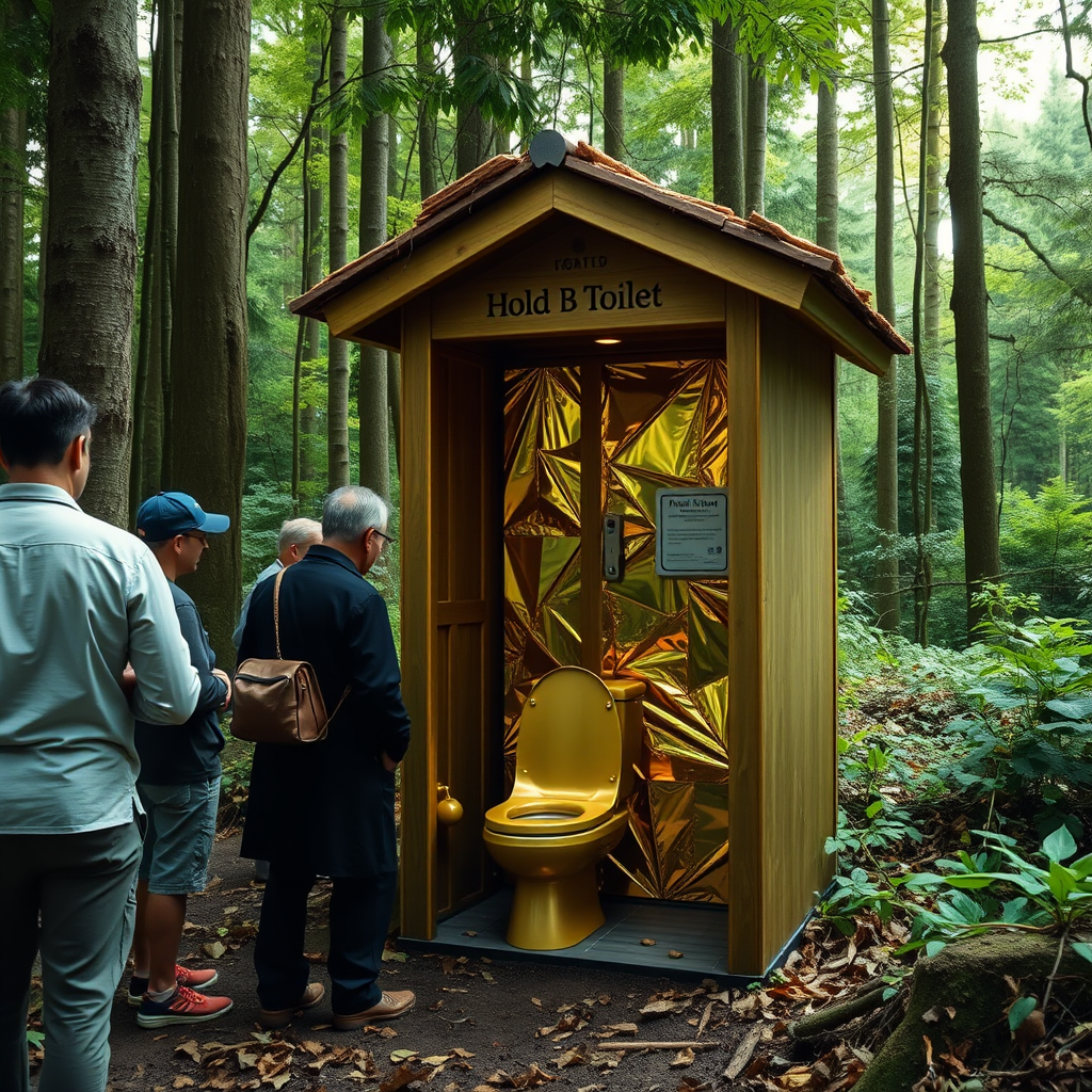 In the forest, there is a gold toilet, and someone is using it while others are waiting in line.