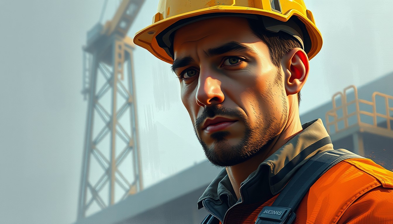 Digital illustration of a man in construction, semi-realism 2D texture, add subtle depth, dodge burn effect, ambient occlusion, brushstrokes.