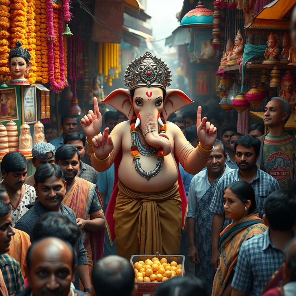 Create a 4K image using Unreal Engine, depicting Lord Ganesha as a real human god in the midst of a dense, bustling Indian market. Ganesha should be the same height as the surrounding people, blending seamlessly into the crowd, yet his divine presence subtly stands out. He is dressed in a blend of traditional dhoti and modern attire, with his human-like features reflecting a calm and joyful demeanor.

The market is alive with vibrant stalls selling marigold garlands, clay idols, sweets, and colorful decorations. The air carries a hint of dust, adding a layer of realism to the scene. People around him are frozen in a moment of surprise and awe, some smiling, others wide-eyed as they recognize the god among them. The vibrant colors of the market, the rich textures, and the interplay of light and shadow should be rendered in stunning detail, capturing the essence of an authentic Indian market with a touch of the divine.

Include subtle details like Ganesha reaching out for fresh flowers, examining the finest modaks, while the vendors and shoppers are caught off guard, their expressions a mix of reverence and disbelief. The overall atmosphere should be a blend of the divine and the everyday, creating a captivating and immersive scene. people looking at ganesha, night time view, ganesha have four hands, lots of orange lights.